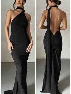 Black Halter One Shoulder Ruched Sleeveless Backless Maxi Dress Size S
